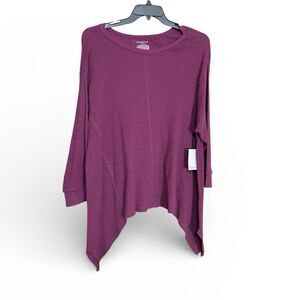 Westbound Raspberry Waffle Knit Asymmetrical Sharkbite Hem Long Sleeve Top 2X